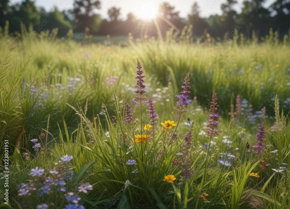 Fototapeta premium Blooming wildflowers in a field of tall grass , organic, meadow