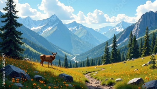 National park landscape with wildlife, trees, nature