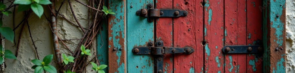 Old wooden door with rusty hinges and vines, old door, nature Old wooden door with rusty hinges and vines, old door, nature