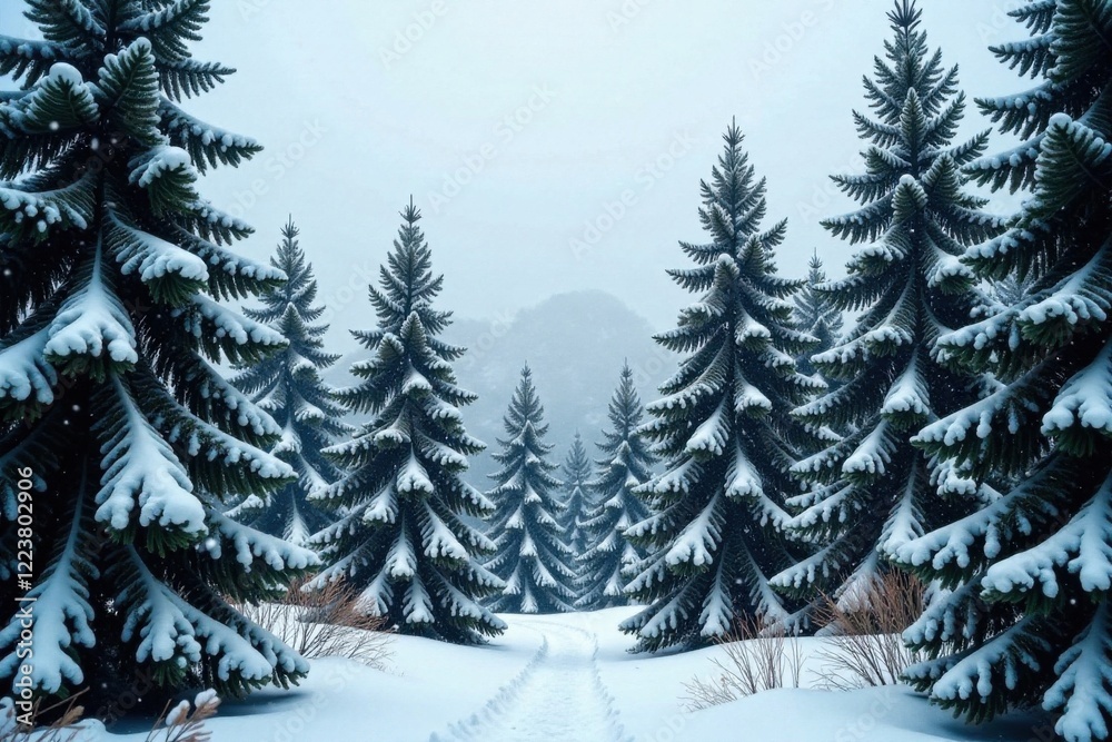 Obraz premium Dense forest of towering evergreen trees with white snowfall, snowfall, forest, nature