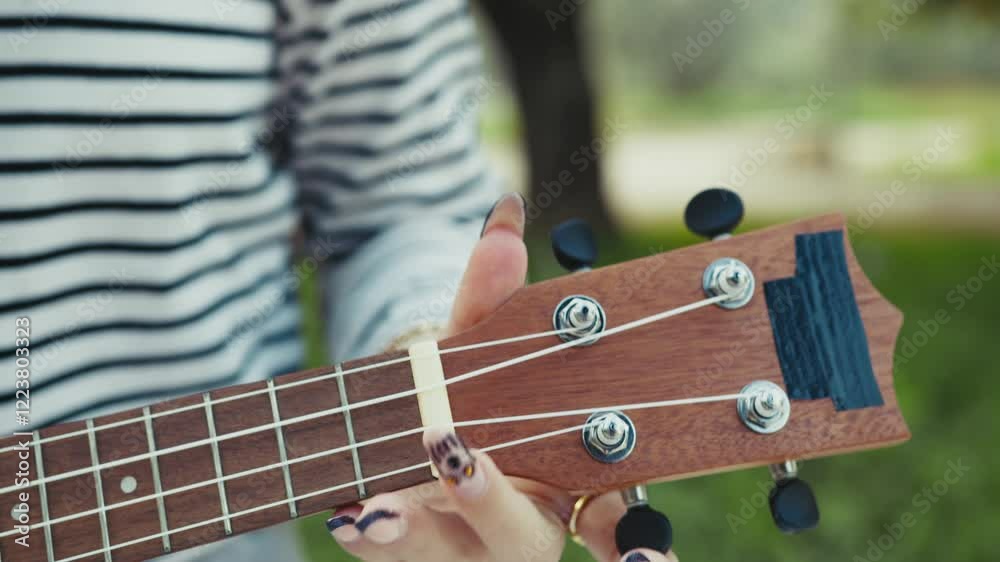 Hands Girl Practices First Lessons Of Ukulele Musical Stringed Instrument