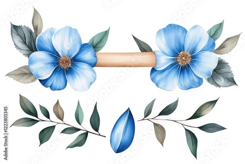 Beautiful watercolor illustration of blue flowers and leaves arranged symmetrically
