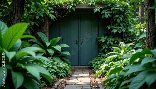 Overgrown plants conceal a hidden, metallic compartment, foliage, hidden