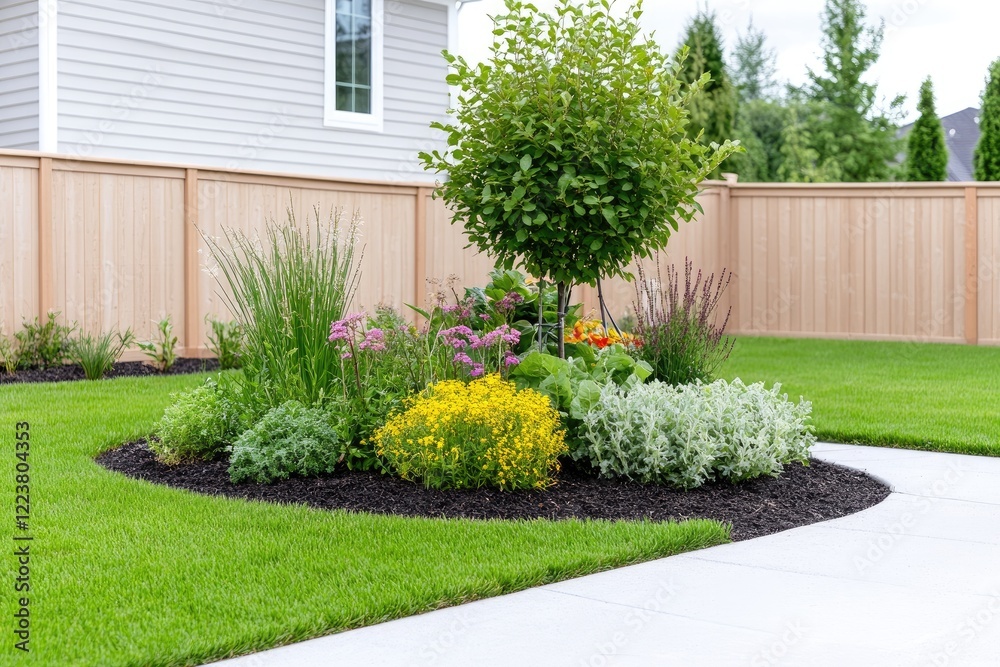 Fototapeta premium Lush garden landscape featuring vibrant flowers and a small tree in a residential backyard