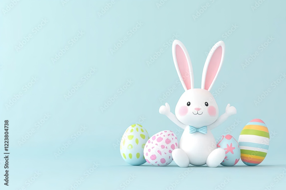 Fototapeta premium Cute cartoon bunny celebrating Easter with colorful eggs on a pastel blue background
