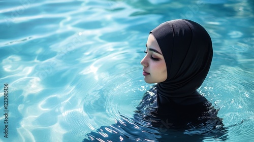 Woman in hijab submerged in a swimming pool