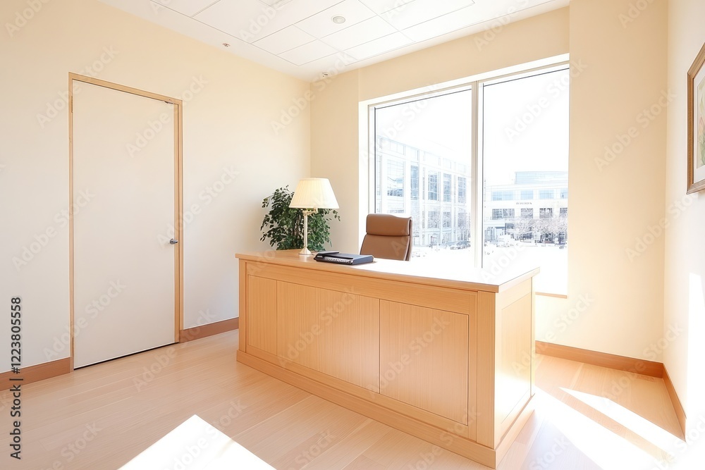 Fototapeta premium Modern office interior with a wooden desk, lamp, and large windows showing a sunny day outside