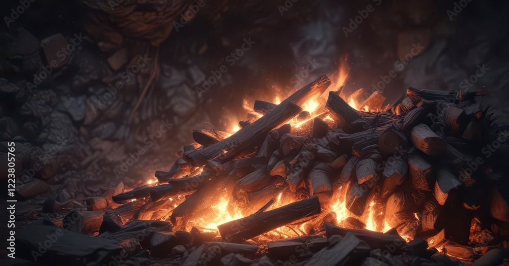 Embers glowing amidst a pile of charred logs in a dimly lit cave, ancient ruins, cave fire sparks, charcoal Embers glowing amidst a pile of charred logs in a dimly lit cave, ancient ruins, cave fire sparks, charcoal