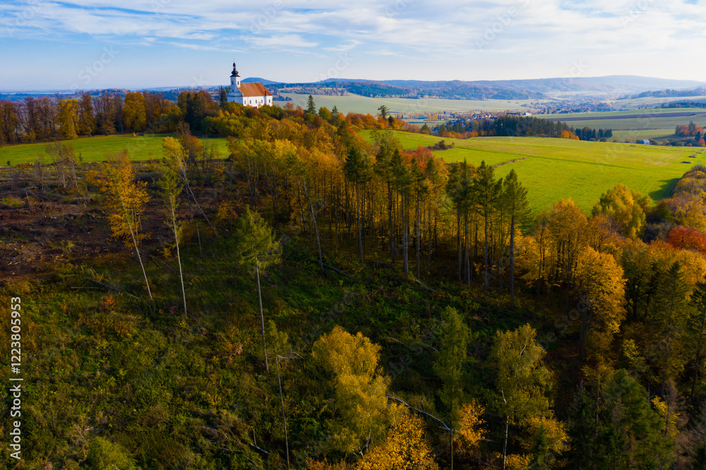 Naklejka premium Autumn views of the Czech Republic. Aerial view of church Panny Marie.