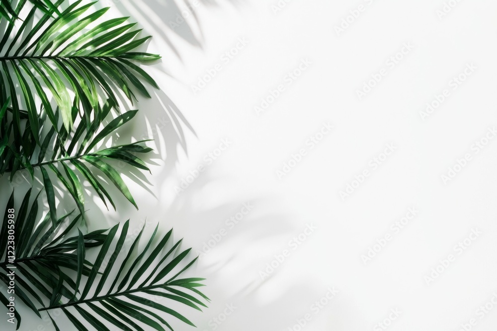 Obraz premium Vibrant green palm leaves create intricate shadows on a bright white background, enhancing a minimalist design. The natural pattern adds a tropical and serene atmosphere