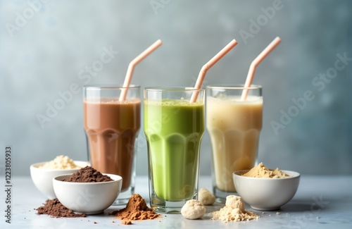 Various protein sport shakes, powders displayed. Healthy drinks, food ingredients presented. Different flavors of protein shakes in glasses with straws. Powders in small bowls. Fitness nutrition