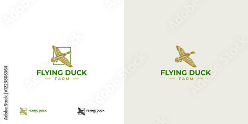 A luxurious logo illustration of a flying duck in shades of green.