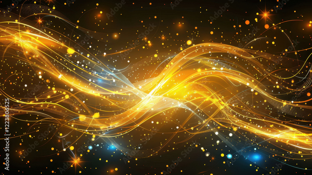 Obraz premium Abstract golden wave with sparkling lights and colorful particles creating dynamic and vibrant background