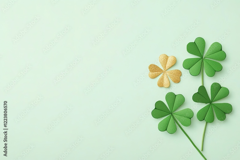 Collection of green and gold clover leaves on a soft pastel background, symbolizing luck and celebration Collection of green and gold clover leaves on a soft pastel background, symbolizing luck and celebration