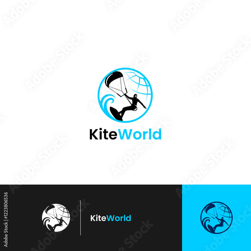 A circular logo featuring a kite surfer against a backdrop of the world.