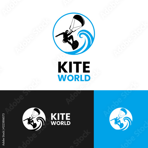 A circular logo featuring a kite surfer against a backdrop of the world.
