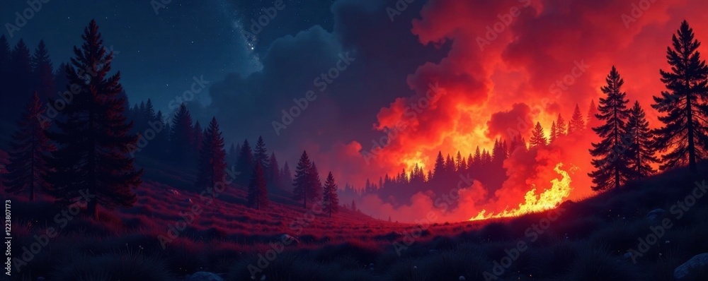 Naklejka premium Flames engulfing forest landscape at night, flames, nature, night