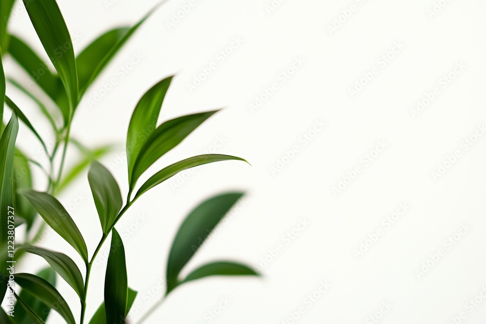 Fototapeta premium Vibrant green leaves of a houseplant create a refreshing contrast against a clean white background, offering a serene and natural aesthetic