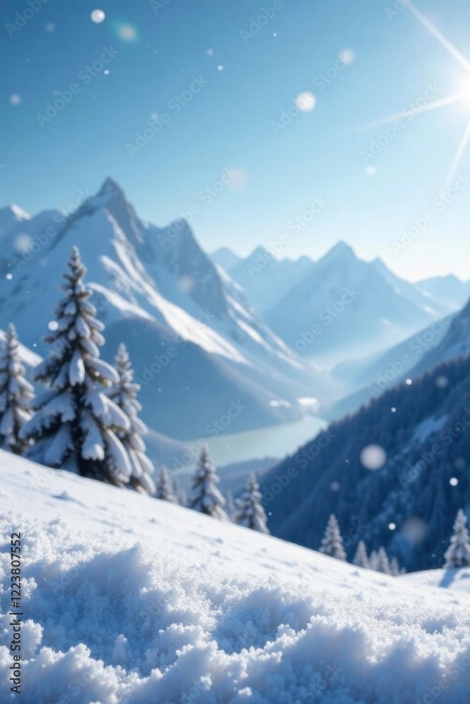 Snowflakes gently falling on a serene winter landscape, snowfall, mountains, frost Snowflakes gently falling on a serene winter landscape, snowfall, mountains, frost