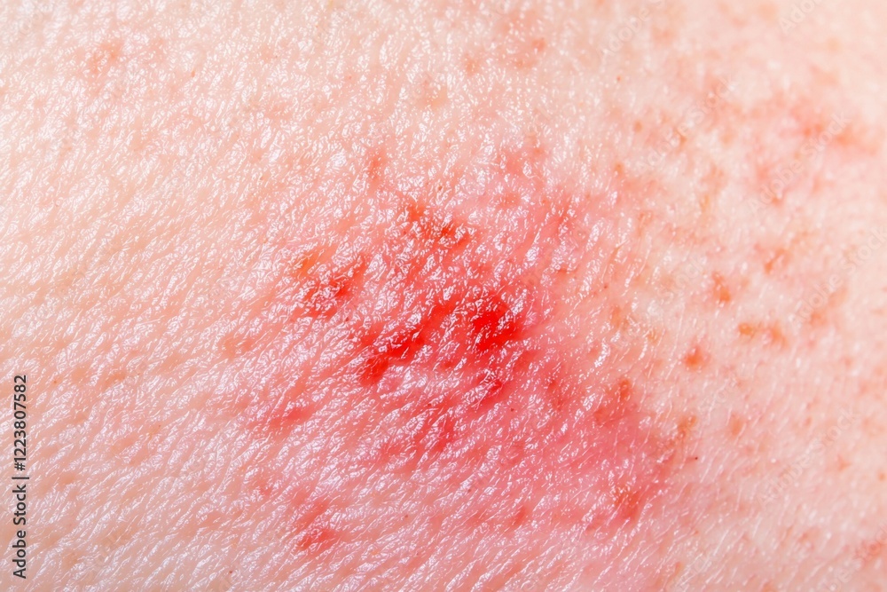 Fototapeta premium Close-up of irritated skin showing redness and inflammation, possibly indicating an allergic reaction, eczema, or other dermatological condition