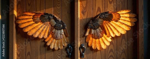 Soft feathery owl wing silhouette on a wooden door, owl, rustic