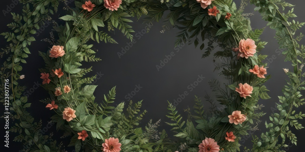 Floral wreath with intricate leaf patterns and geometric shapes , heraldic, filigree art, pattern border Floral wreath with intricate leaf patterns and geometric shapes , heraldic, filigree art, pattern border