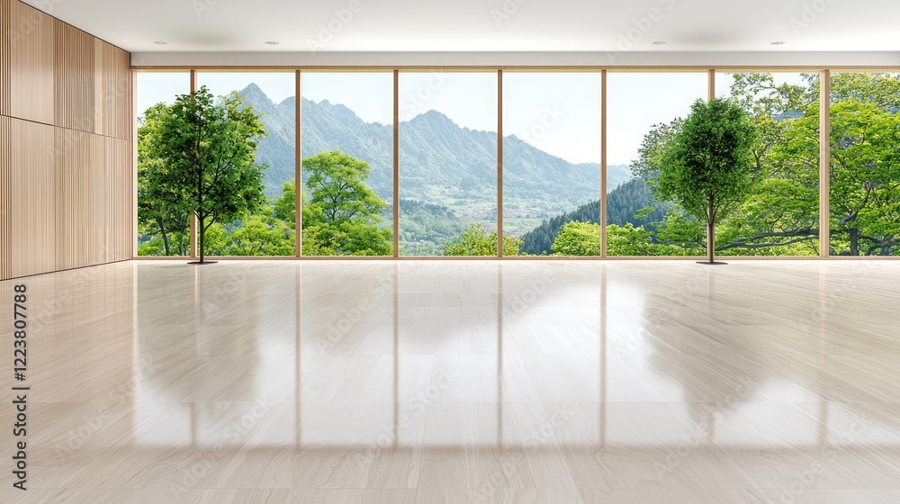 Fototapeta premium Mountain view spacious room, wooden floor, interior design, real estate