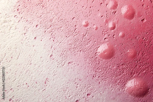 Pink and white paint swirling together, creating an abstract pattern on a textured surface marked by bumps and craters, resulting in a captivating visual effect