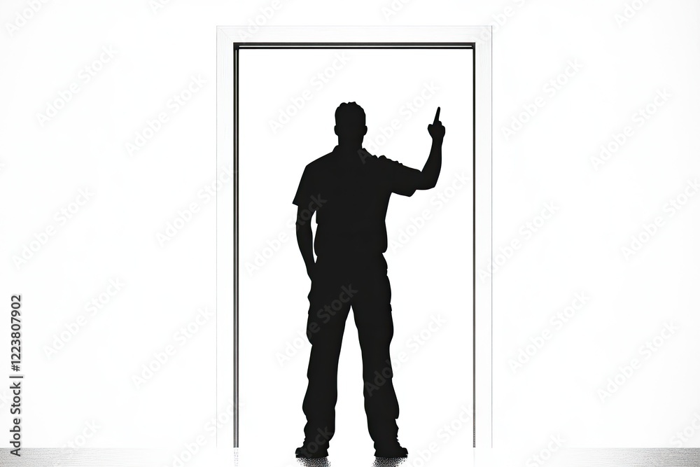 Silhouette of a person gesturing with one finger in a doorway, symbolizing authority or instruction Silhouette of a person gesturing with one finger in a doorway, symbolizing authority or instruction
