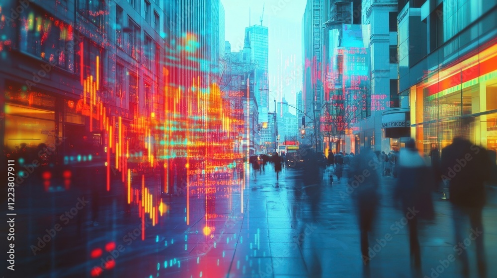Glowing stock market data and charts superimposed over a busy city street at dusk, creating a futuristic cityscape visualizing financial activity