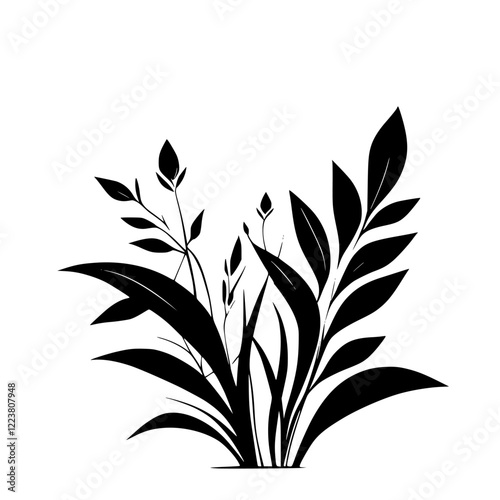 Black and White Floral Silhouette: Elegant Botanical Illustration.  Perfect for minimalist designs, nature-themed projects, or adding a touch of sophisticated style.