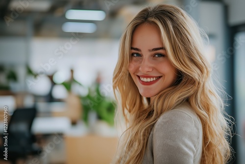Portrait of a cheerful young businesswoman with long blond hair smiling in a modern office environment, showcasing confidence and professionalism