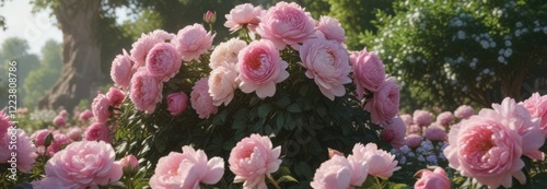 Large scale roses and peonies fill a regal landscape, mansion, grand, luxury