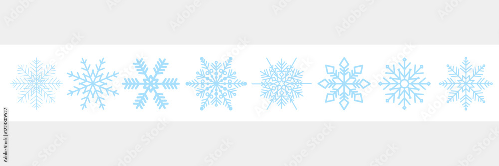 Collection of geometric snowflakes. Flat elements of different snowflake shapes. Set of snowflakes for holiday banner, postcard or decoration. New Year vector ornament. Collection of geometric snowflakes. Flat elements of different snowflake shapes. Set of snowflakes for holiday banner, postcard or decoration. New Year vector ornament.