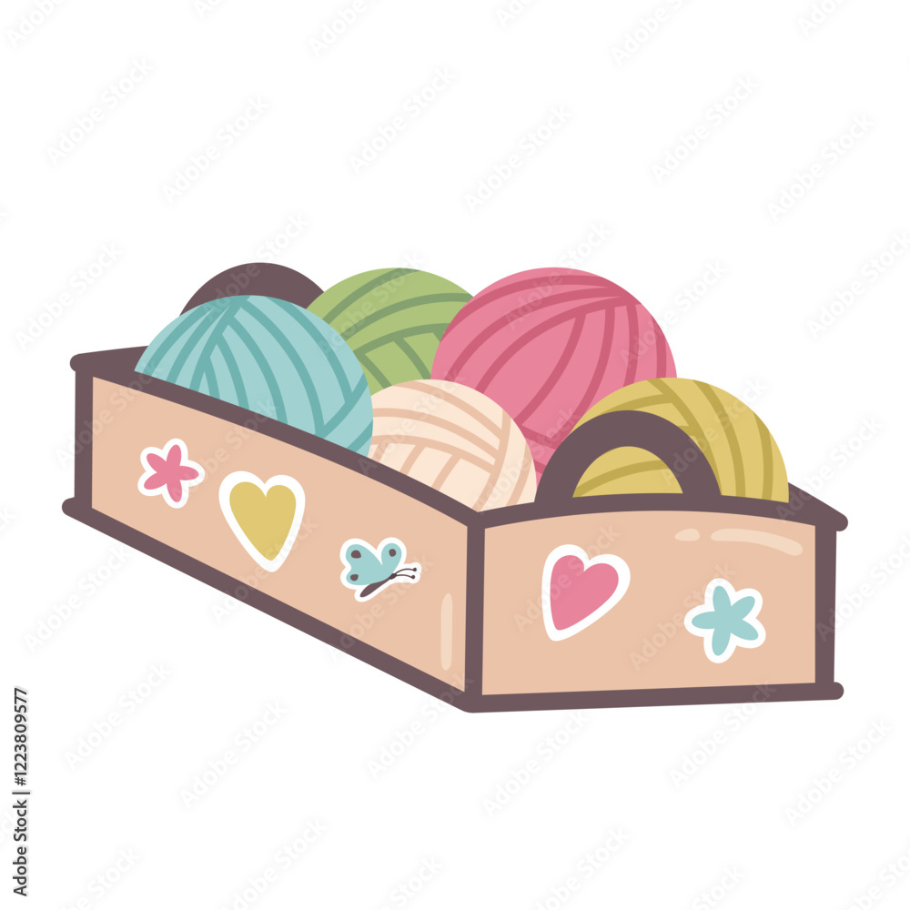 Handmade basket with balls of yarn isolated on white background. Colourful Yarn and threads. Paper box with cute colour stickers. Hand drawn Knitting supplies, elements for hobby. Needlework. Vector Handmade basket with balls of yarn isolated on white background. Colourful Yarn and threads. Paper box with cute colour stickers. Hand drawn Knitting supplies, elements for hobby. Needlework. Vector