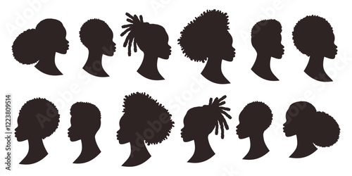 Set of African American women. Black women faces isolated on white background. Hand drawn Hair contour.  Hairstyle woman. Vector flat illustration