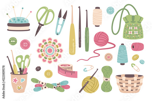 Knitting set. Crochet. Hand drawn Knitting tools, sewing accessories. Yarn and threads, crochet hook, wool ball, buttons, scissors, vintage Knitting bag, basket, hooks, pins. Needlework. Vector