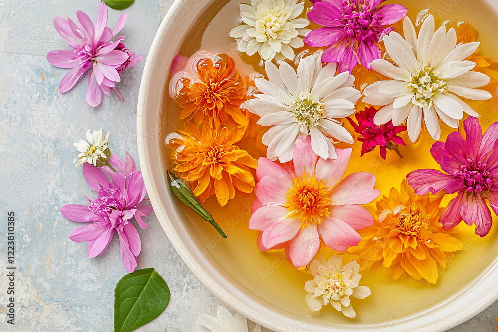 A serene bowl filled with vibrant flowers floating on water, surrounded by petals and greenery