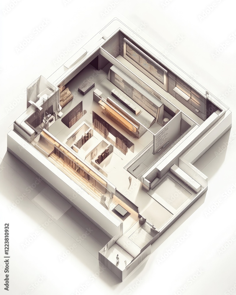 Isometric Rendering of a Modern Museum Interior Design: Architectural Visualization of a Spacious Gallery with Display Cases and Exhibits. Isometric Rendering of a Modern Museum Interior Design: Architectural Visualization of a Spacious Gallery with Display Cases and Exhibits.