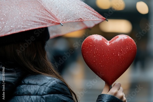 A woman embraces a heart-shaped lollipop while sheltering under an umbrella in rainy settings, symbolizing love and joy amid the melancholic beauty of a rainy day. photo