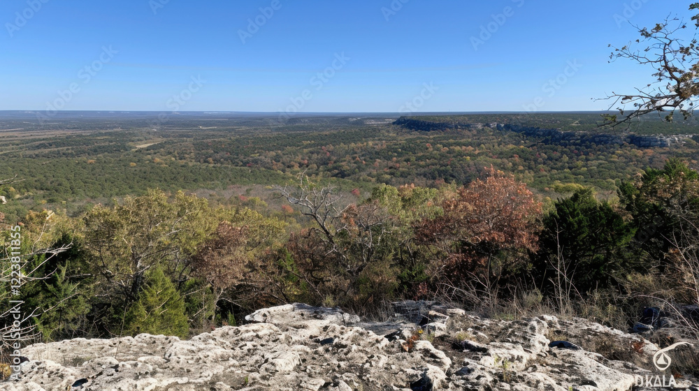 Breathtaking view of vast landscape featuring rolling hills, lush greenery, and autumn foliage under clear blue sky. Perfect for nature lovers and outdoor enthusiasts Breathtaking view of vast landscape featuring rolling hills, lush greenery, and autumn foliage under clear blue sky. Perfect for nature lovers and outdoor enthusiasts