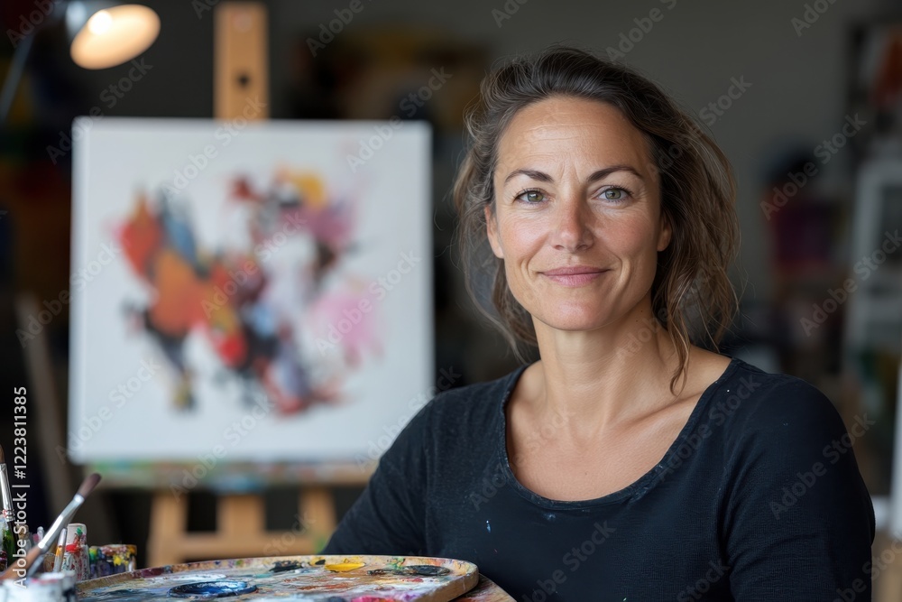 Fototapeta premium A smiling woman in a black shirt poses next to her colorful artwork in a studio, reflecting the joy and satisfaction that comes from creating art.