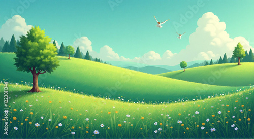 landscape with trees, landscape, grass, sky, nature, green, field, summer, meadow, cloud, spring, tree, vector, hill, blue, horizon, illustration, land, flower, rural, sun, scene, environment, season,