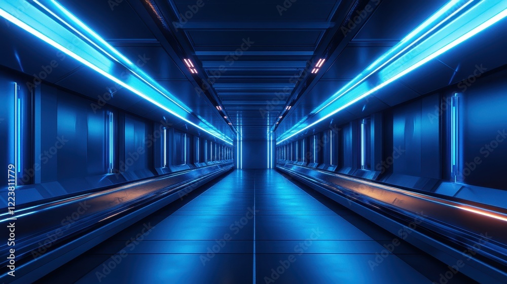 Futuristic Blue Neon Lit Corridor With Moving Walkways Futuristic Blue Neon Lit Corridor With Moving Walkways