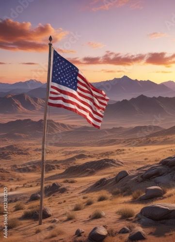American Flag waving at sunset over a vast open landscape with mountains in the background ,  outdoors,  nature