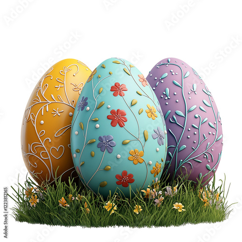 Decorative Easter Eggs Floral Design Spring 3d blue cute grass happy isolated on transparent or white background, png