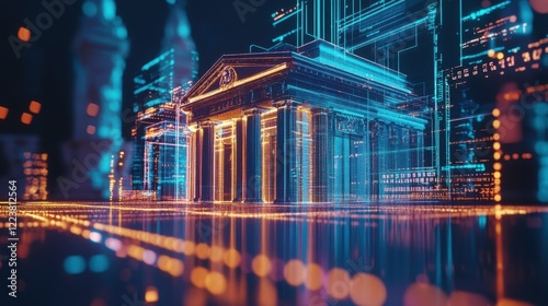 Glowing holographic projection of a bank building is emerging from a digital data stream, representing the concept of online banking and financial technology in a futuristic smart city