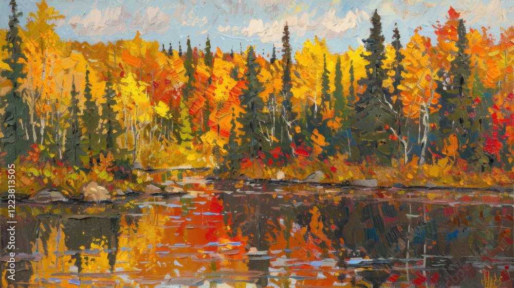 Fototapeta premium Vibrant autumn landscape with colorful trees reflecting in calm water, showcasing beauty of nature in fall. scene evokes sense of tranquility and warmth
