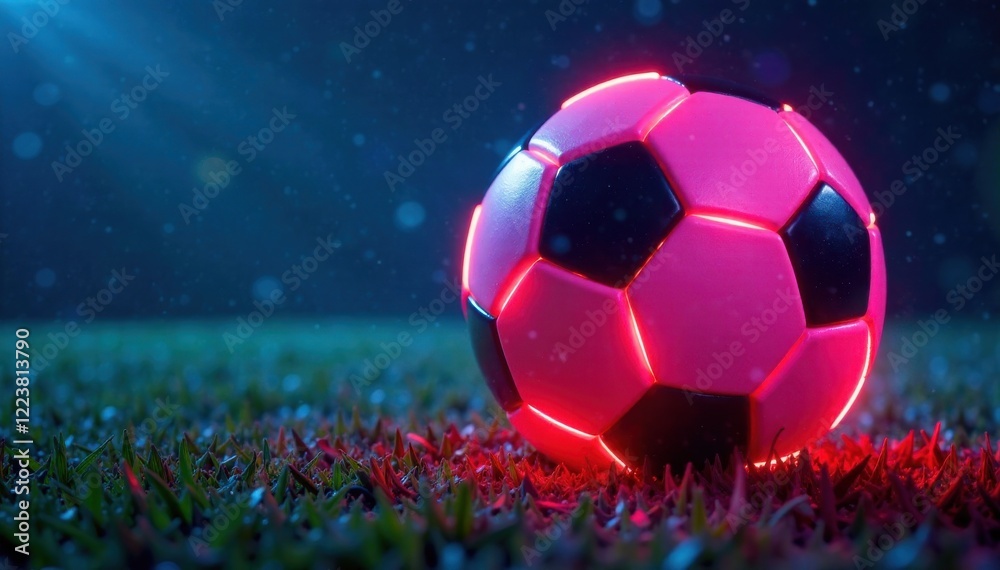 Fototapeta premium Glowing neon soccer ball in close-up view with blurred blue surroundings, sporty object, abstract glowing sphere