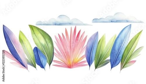 Colorful watercolor illustration of tropical leaves and clouds in a serene landscape setting